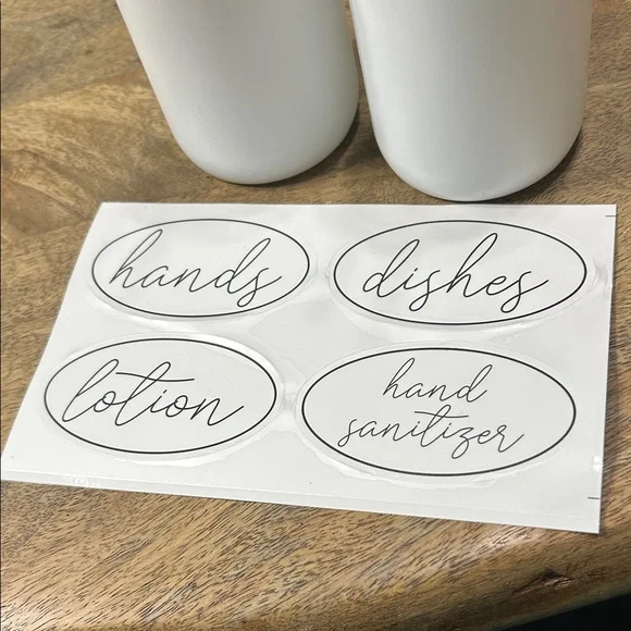 White glass Soap Dispenser Set with Black Pumps and labels - Picture 7 of 16